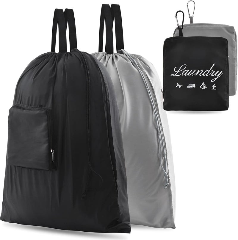 JHX 2 Pcs Travel Laundry Bags, Dirty Clothes Organizer【Upgraded】with Handles and Aluminum Carabiner for Travel, Camp, Fitness, and Students (Black&Grey) 24"L x 21"W - Image 1